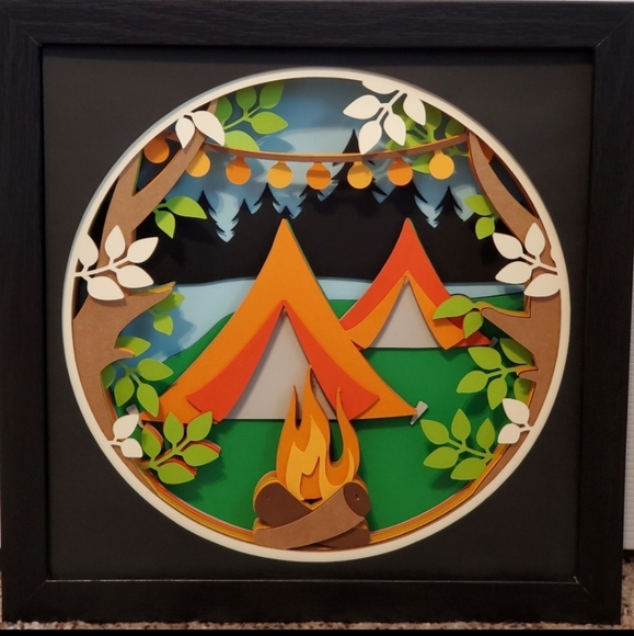 Handcrafted 3d Tent Campsite Shadow Box 9" x 9" - Picture 1 of 1